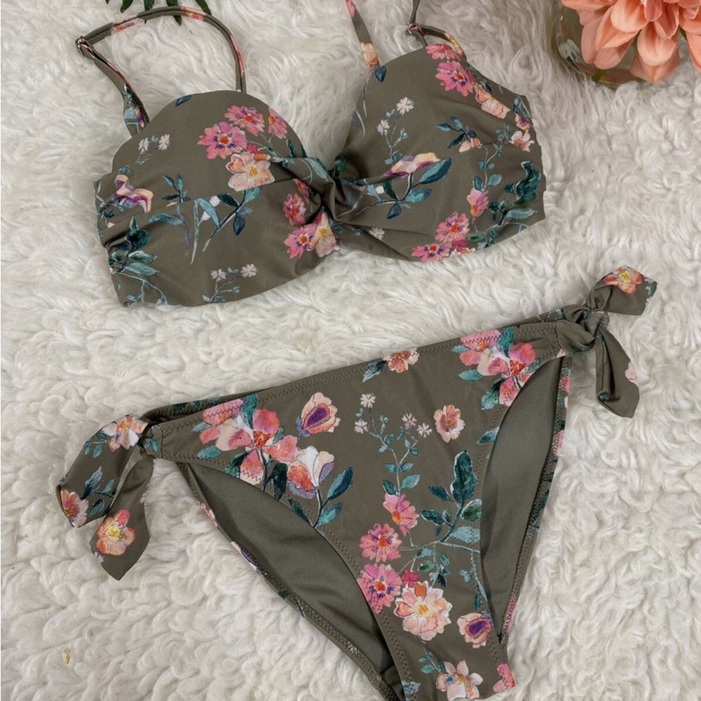 H&M Gray Green and Pink Bikini Set with Ruched Detail
